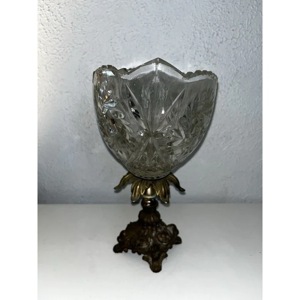 Vintage Ornate Cut Lead Crystal Pedestal Centerpiece Bowl with Brass Base